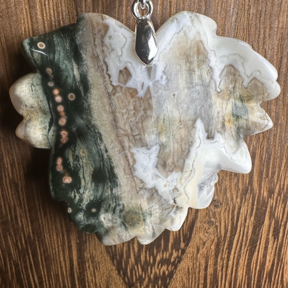 Ocean Jasper Leaf Pendant Necklace on Black Rope - Picture 8 of 10